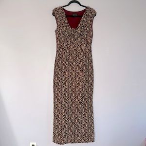 cowl neck cap sleeve burgundy formal dress champagne gold embroidered lace